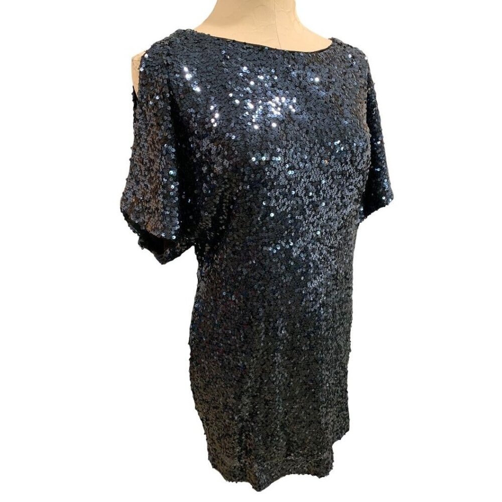 Size 2 Aidan Mattox Navy Blue Short Sleeve Mini Shift Dress Sequins